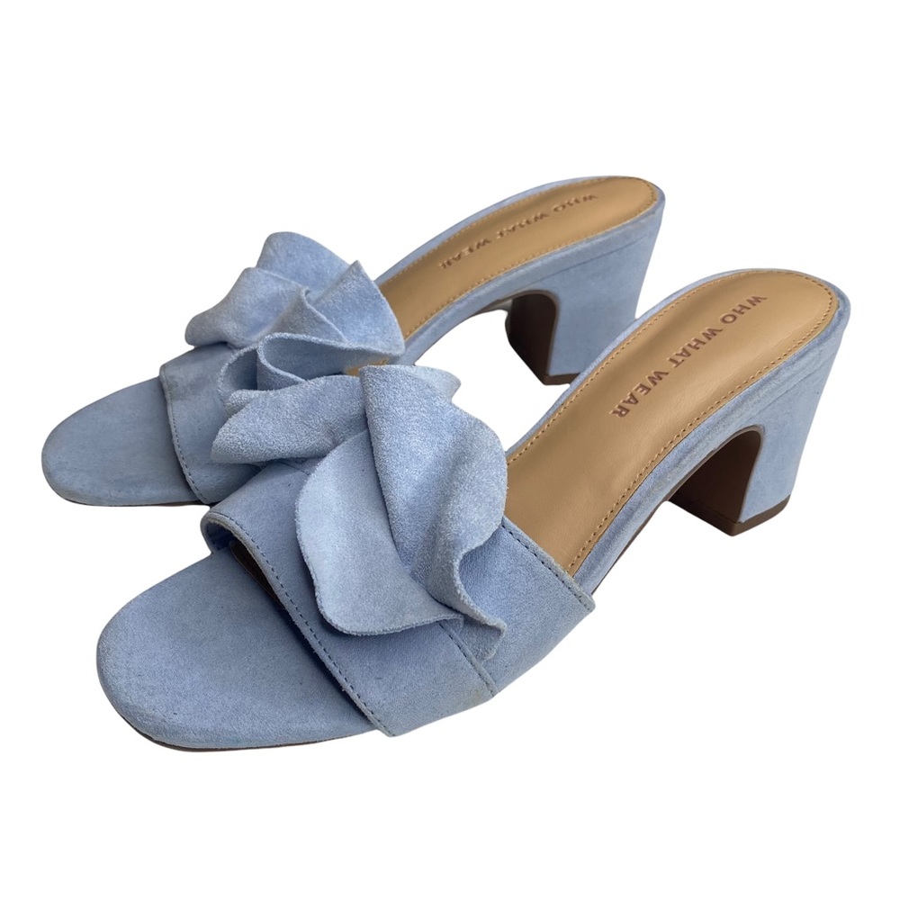new Who What Wear ꧁ Zadie Ruffled Mule Heels Slide In Sandals ꧂ Blue Vegan Suede - Picture 9 of 16